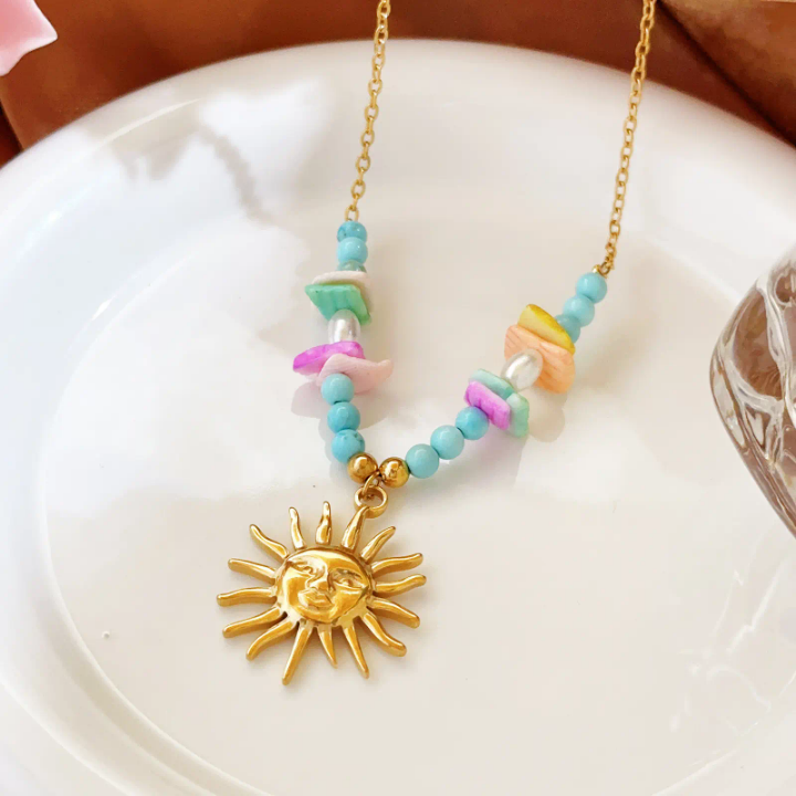 Stainless Steel Light Cozy Imitation Pearl Sun Pendant Necklace