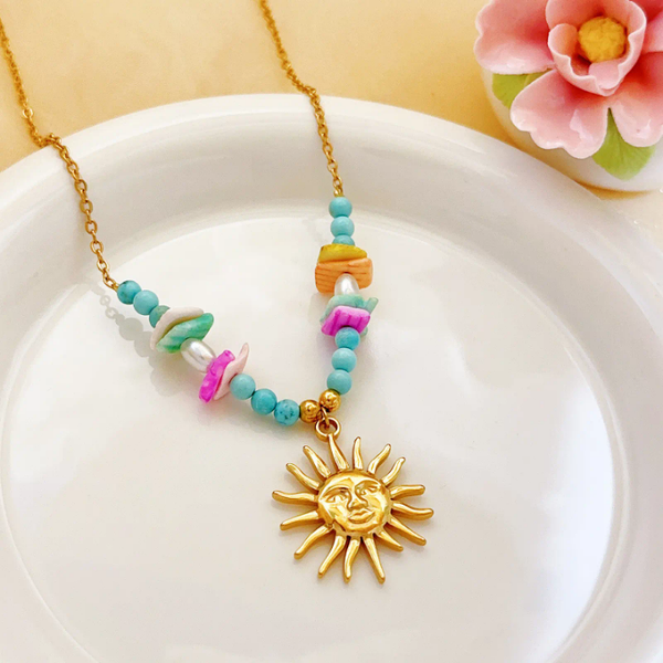 Stainless Steel Light Cozy Imitation Pearl Sun Pendant Necklace