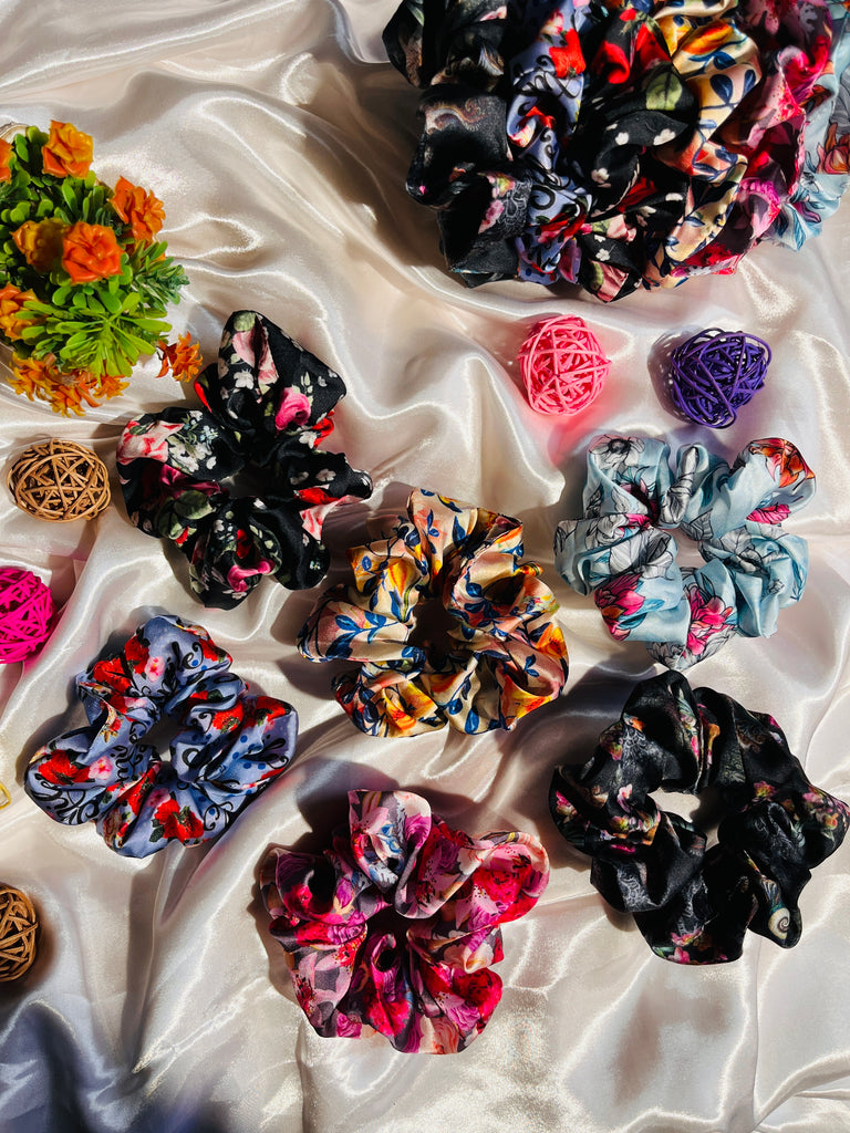 6pcs Floral Silk Hair Scrunchies Set