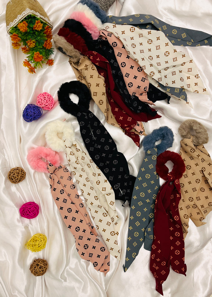 6pcs Fur Printed Fabric Hair Scrunchies Long Silk Ponytail Hair Scarf Hair Ribbon Set