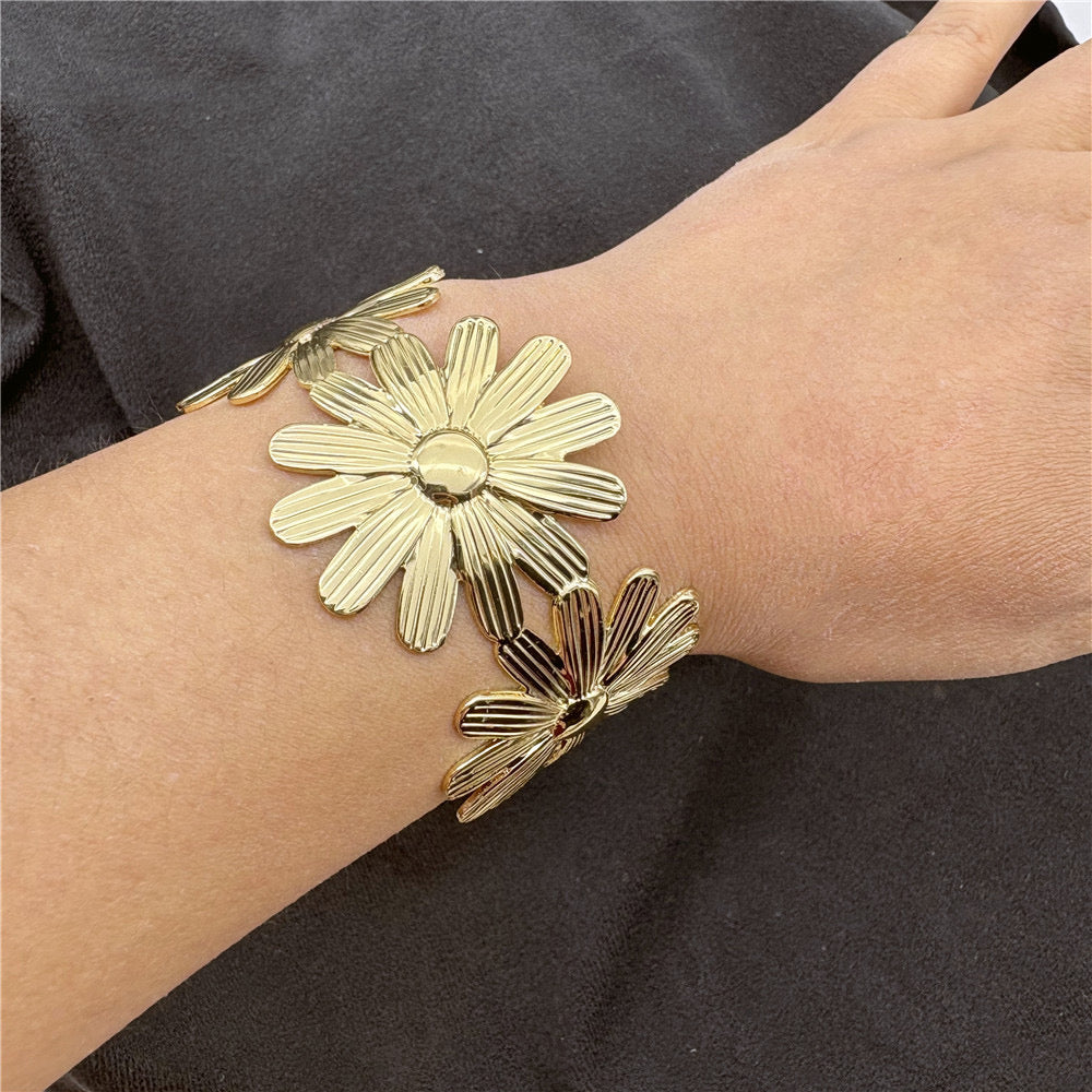 Stainless Steel Flowers Wide Opening Bangles