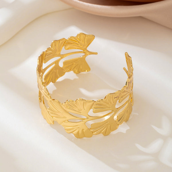 Stainless Steel Wide Opening Exaggerated Hollow Ginkgo Bangles