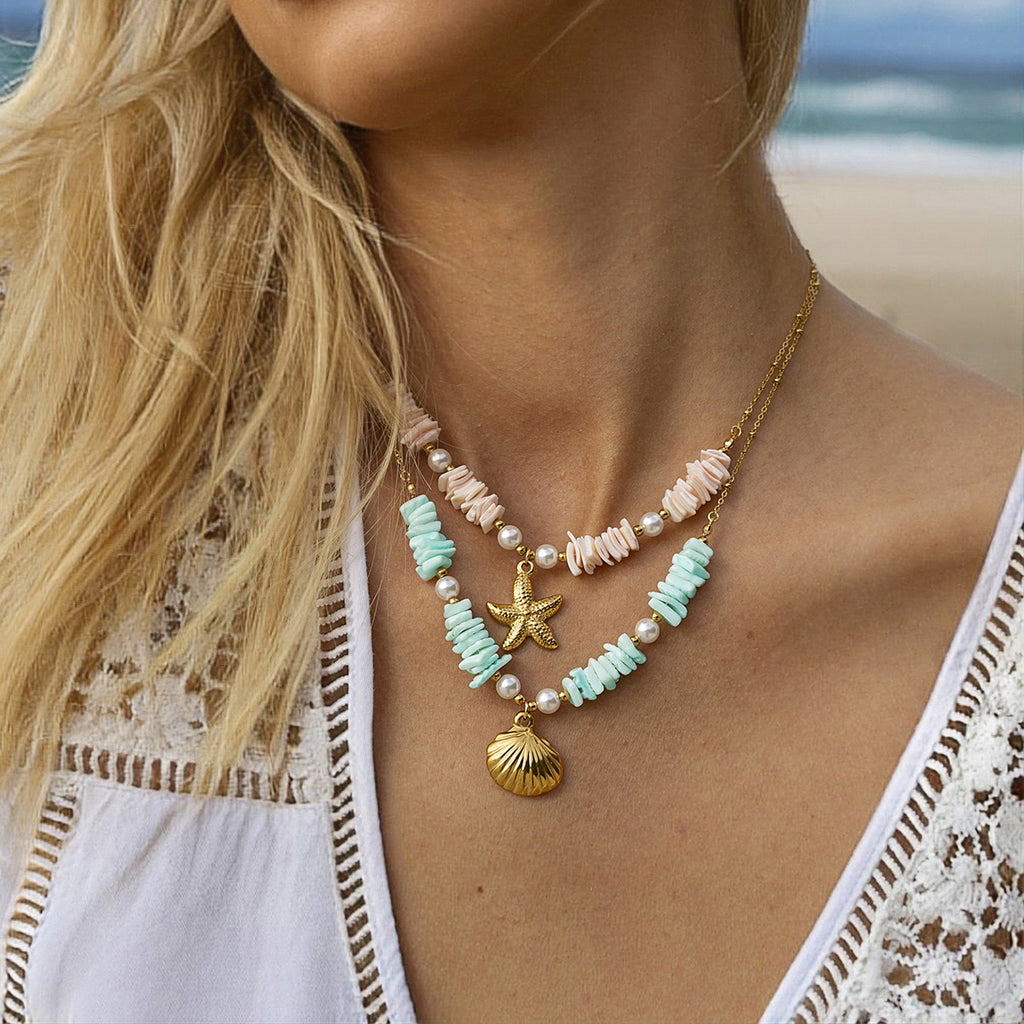 Stainless Steel Light Cozy Imitation Pearl Shell Pendant Necklace