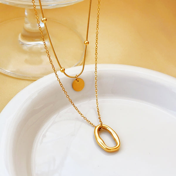 Stainless Steel Double Chain Oval Shaped Pendant Necklace