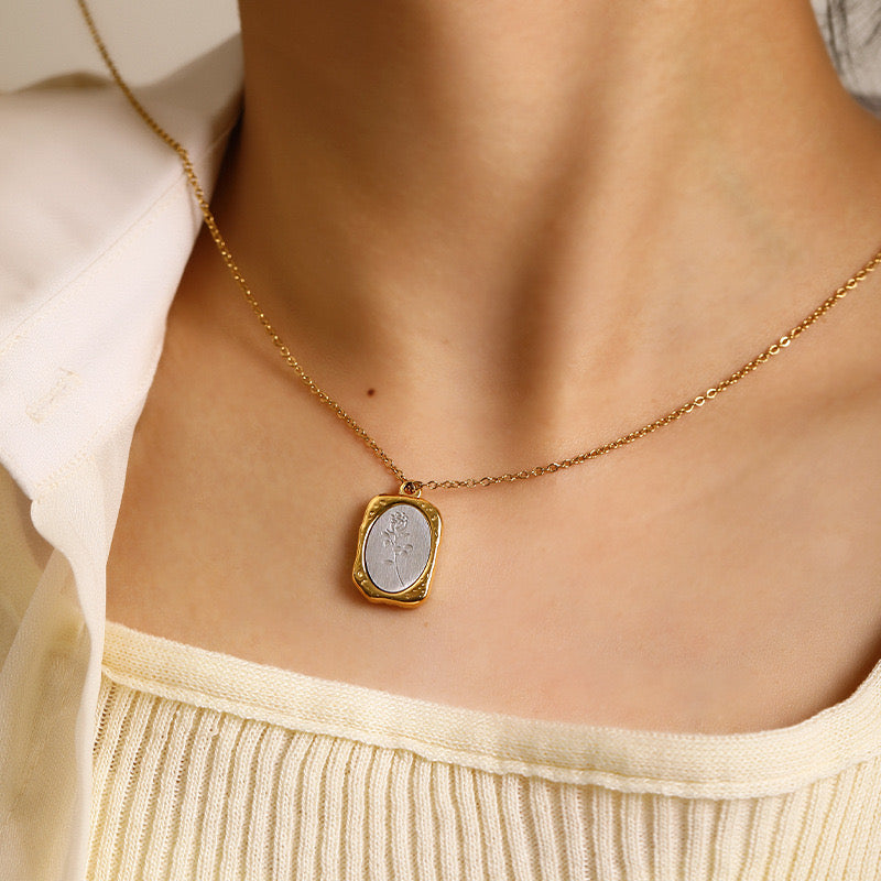 Stainless Steel Oval Rose Texture Pendant Necklace