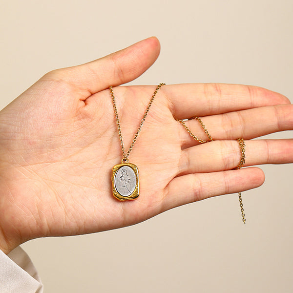 Stainless Steel Oval Rose Texture Pendant Necklace