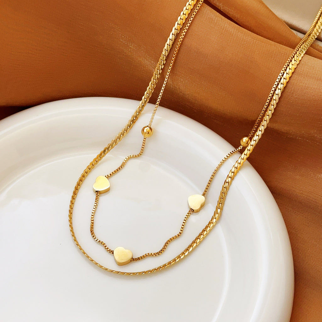 Stainless Steel Double Chain Heart & Pearl Necklace
