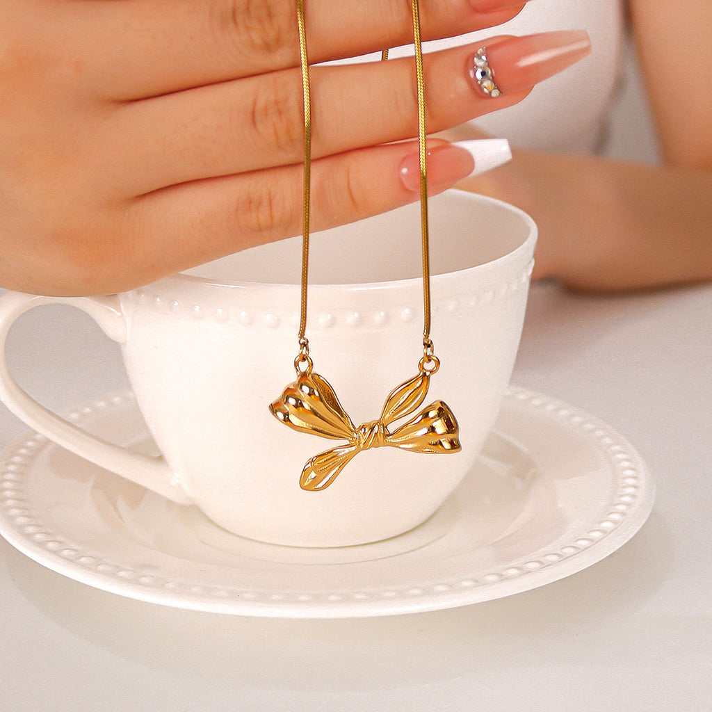 Stainless Steel Big Bow Knot Pendant Necklace