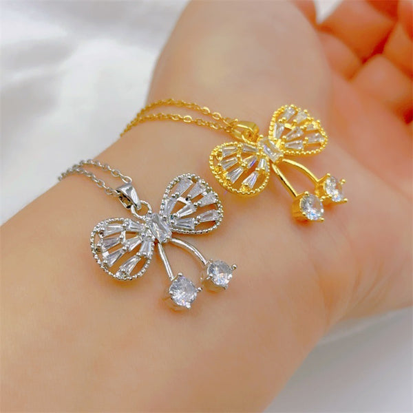 Sweet Bowknot Zircon Pendant Necklace