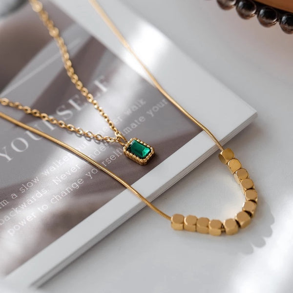 Stainless Steel Elegant Luxury Block Green Crystal Necklace