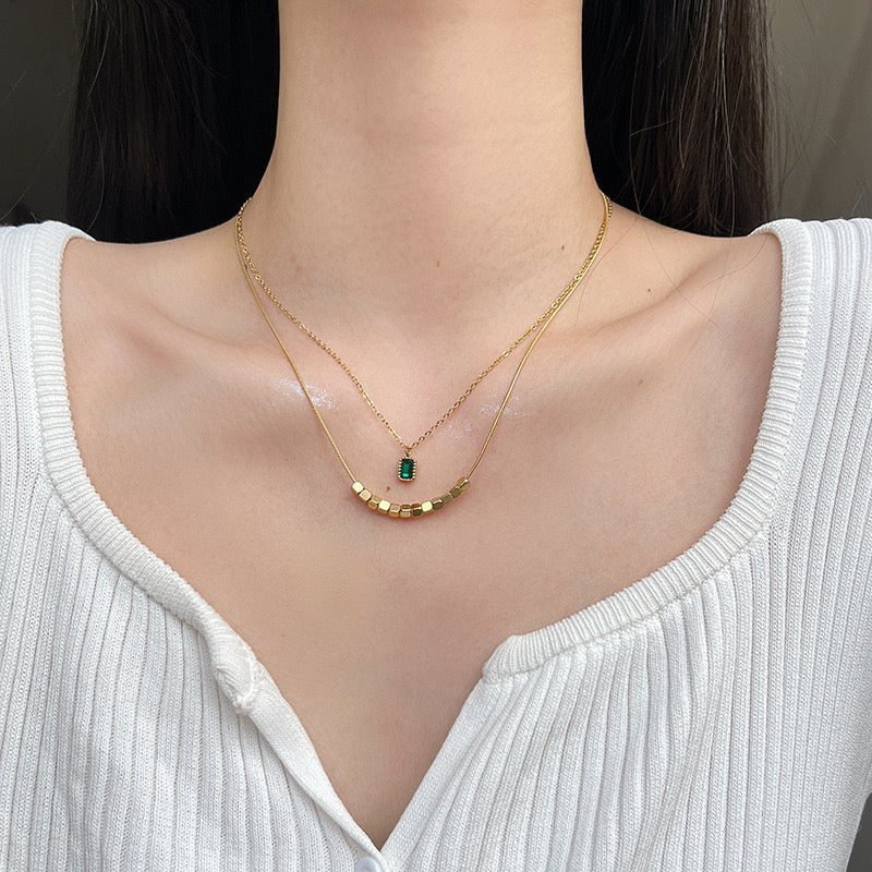 Stainless Steel Elegant Luxury Block Green Crystal Necklace