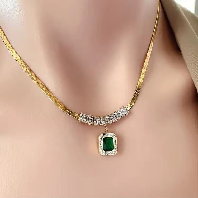 Stainless Steel Embed Zircon Green Crystal Charm Thick Snake Chain Necklace