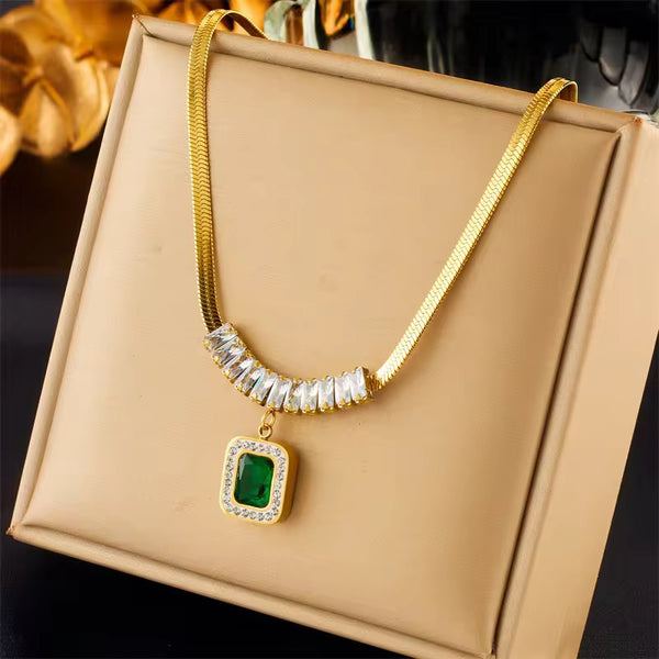 Stainless Steel Embed Zircon Green Crystal Charm Thick Snake Chain Necklace