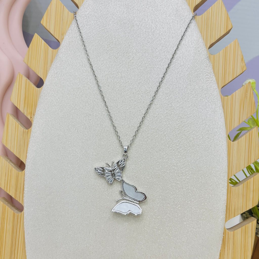 Stainless Steel Double Butterfly Silver Pendant Necklace