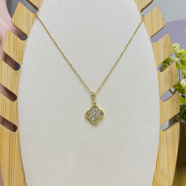 Stainless Steel 4 Clover Zircon Flower Pendant Necklace