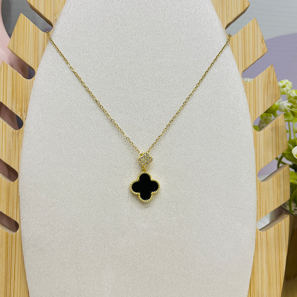 Stainless Steel 4 Clover Black Flower Pendant Necklace
