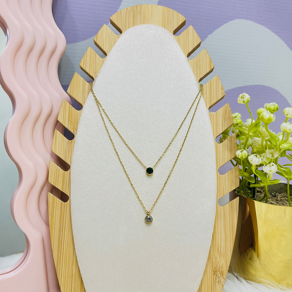 Stainless Steel Double Chain Round Zircon Pendant Necklace