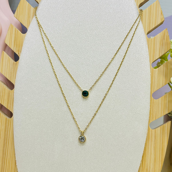 Stainless Steel Double Chain Round Zircon Pendant Necklace