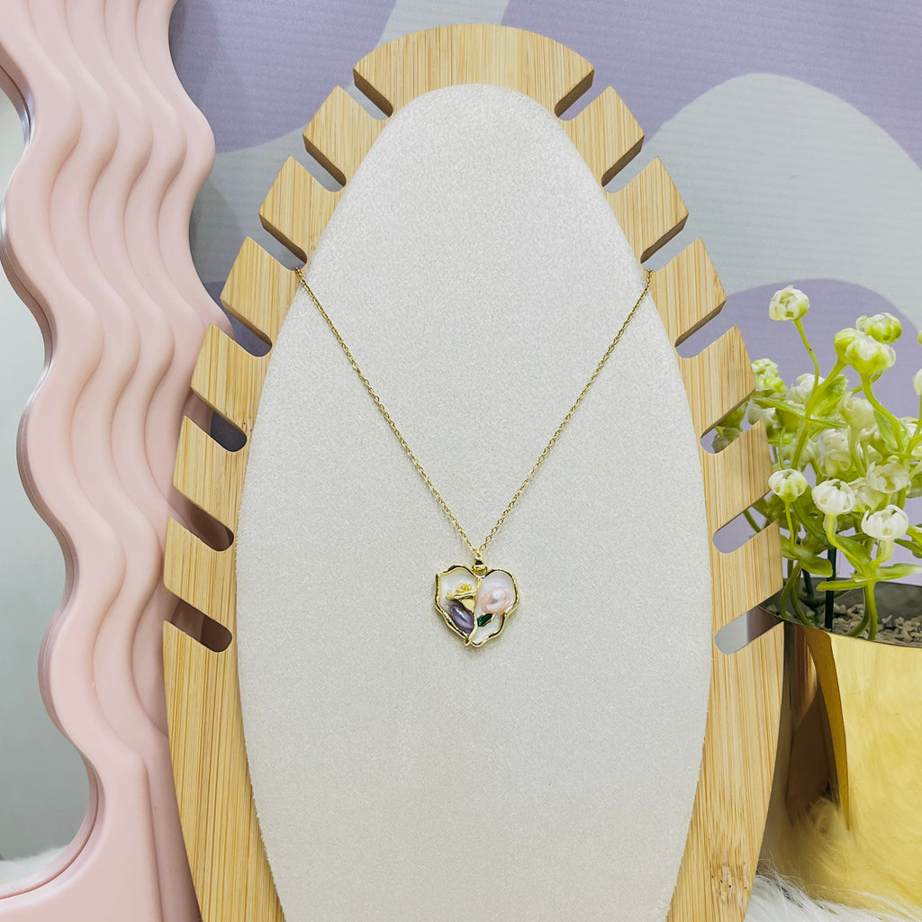 Stainless Steel Heart Inner Rose Pearl Pendant Necklace