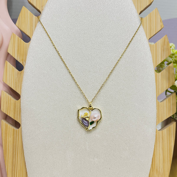 Stainless Steel Heart Inner Rose Pearl Pendant Necklace