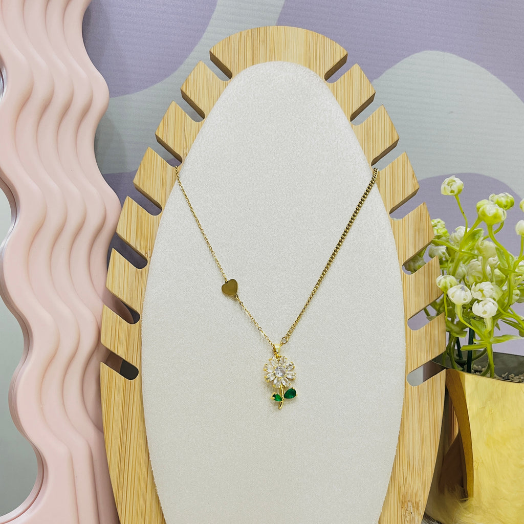 Stainless Steel Zircon Flower Pendant Necklace