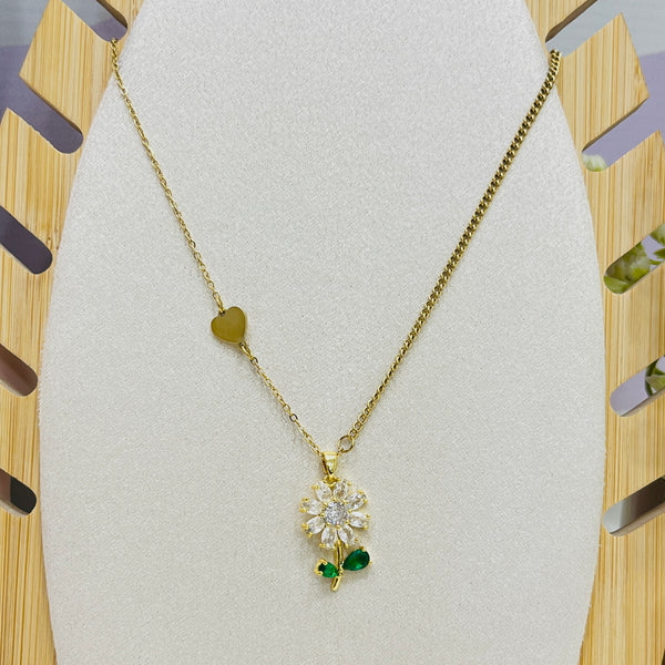 Stainless Steel Zircon Flower Pendant Necklace
