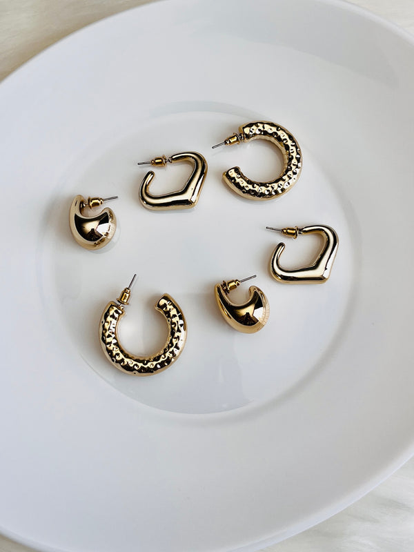 3 Pairs Golden Studs Earring Set