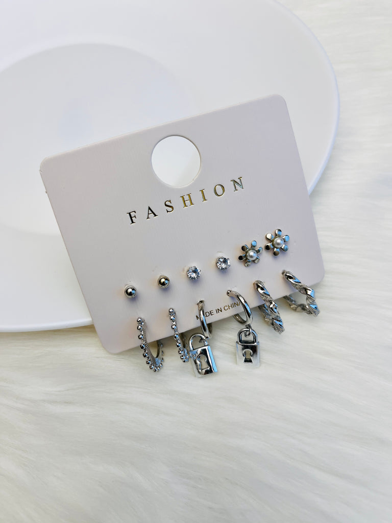 6 Pairs Silver Studs Earring Set