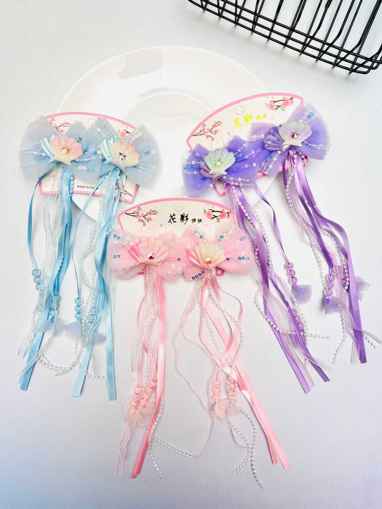 2pcs Bow & Seashell With Pearl Tassel Hair Clip