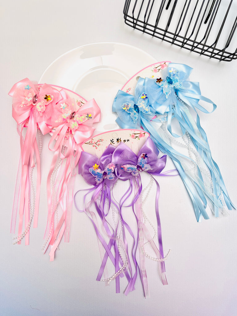 2pcs Sequin Butterfly Net Bow With Pearl Tassel Hair Clip