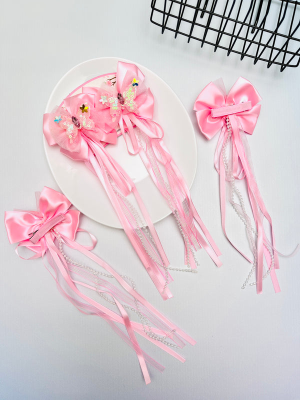 2pcs Sequin Butterfly Net Bow With Pearl Tassel Hair Clip