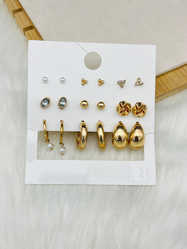 9 Pairs Golden Flower Studs Earring Set