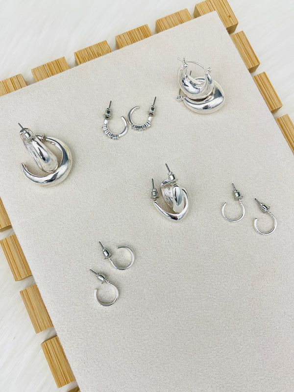 6 Pairs Silver C Shape Studs Earring Set