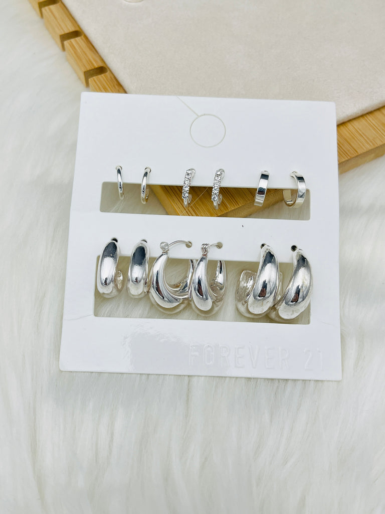 6 Pairs Silver C Shape Studs Earring Set