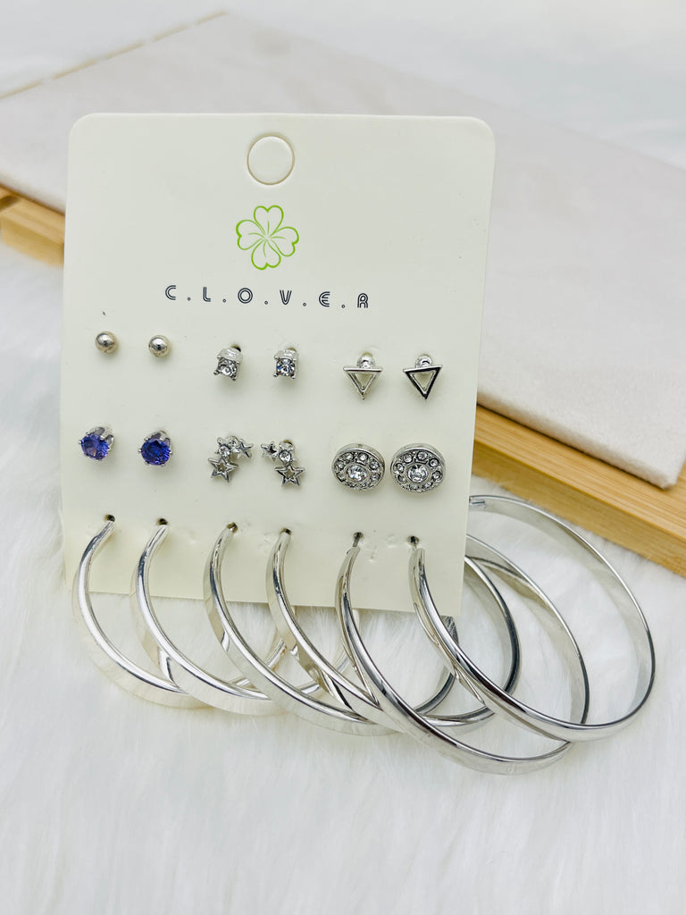 9 Pairs Silver Triangle Shape Studs Earring Set