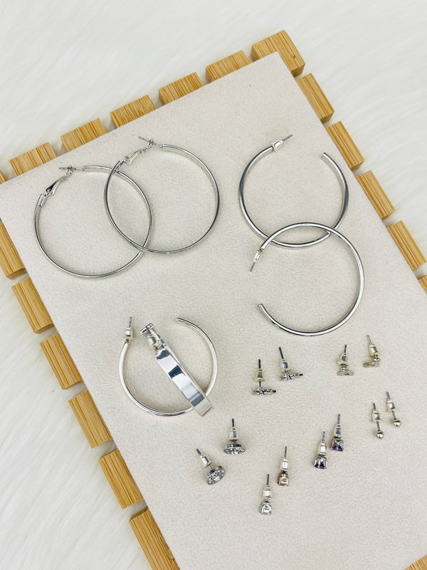 9 Pairs Silver Triangle Shape Studs Earring Set