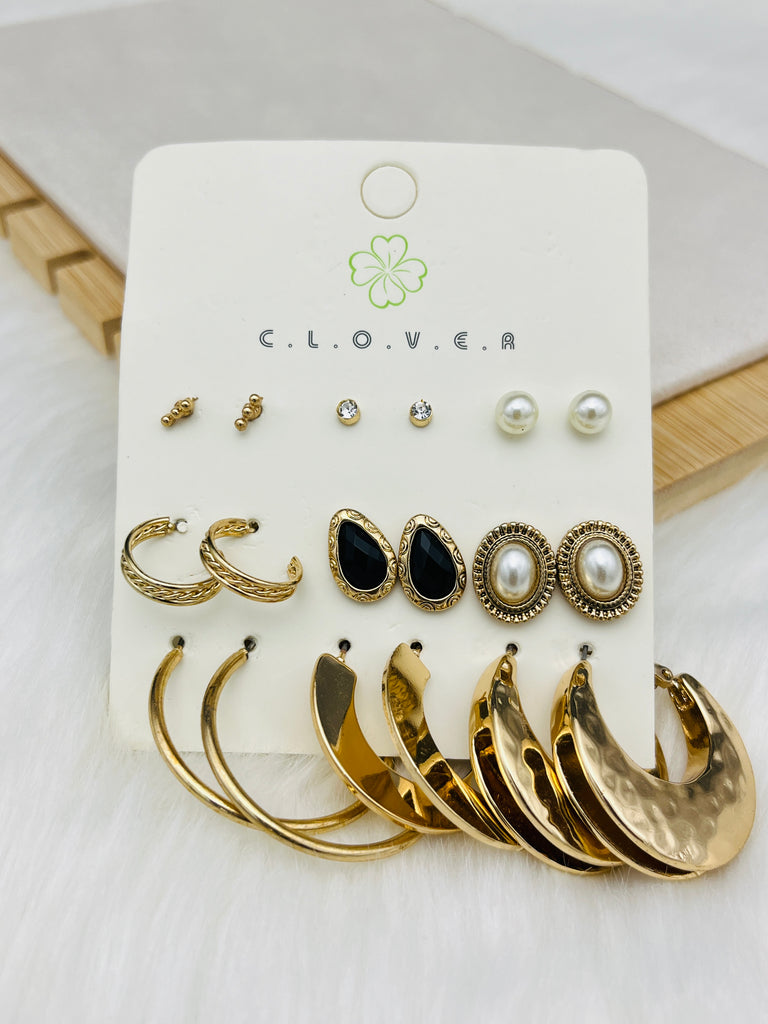 9 Pairs Golden Pearl Studs Earring Set