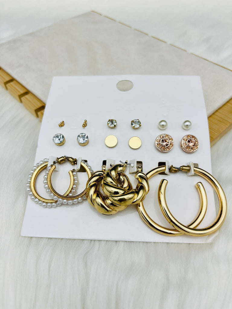 9 Pairs Golden Round Studs Earring Set