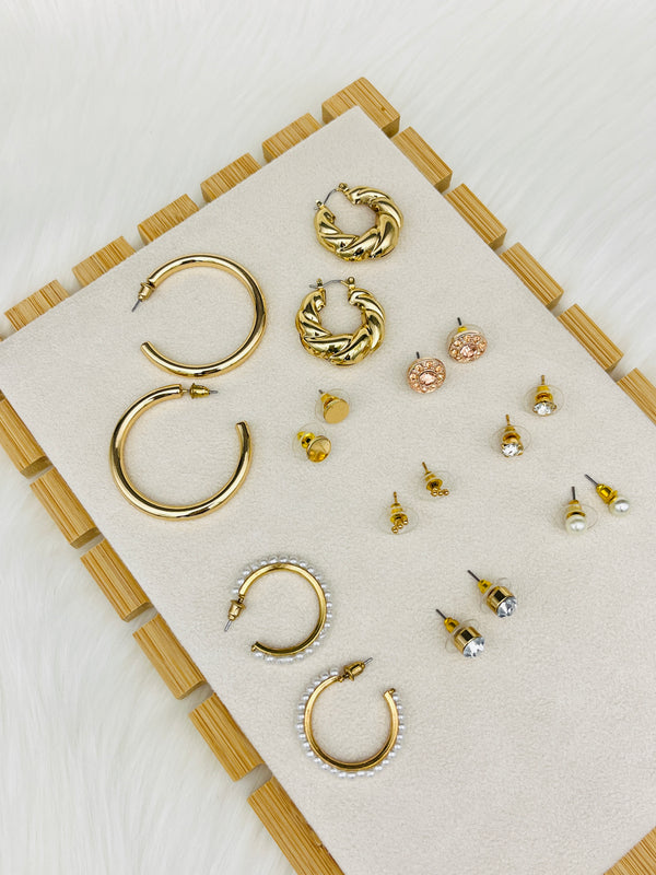 9 Pairs Golden Round Studs Earring Set