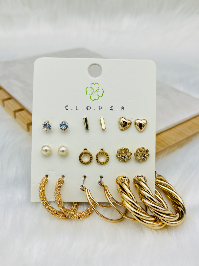 9 Pairs Golden Heart Studs Earring Set