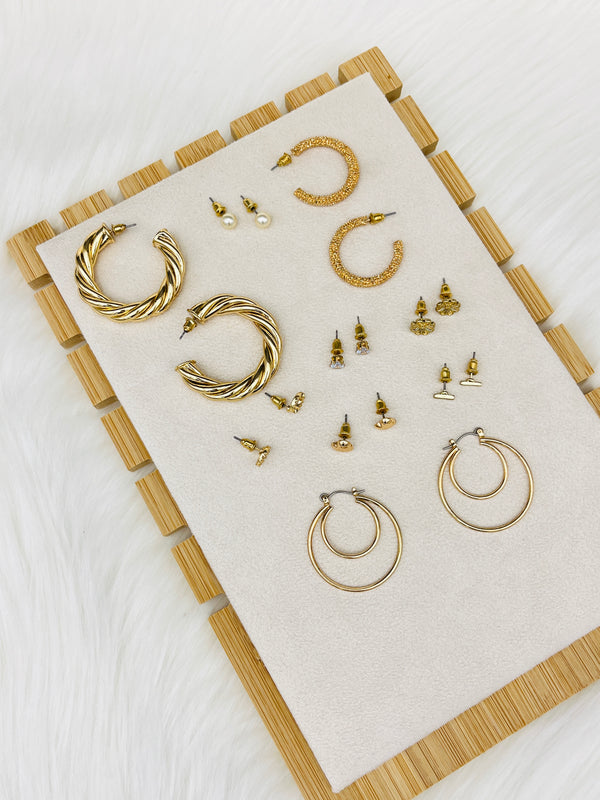 9 Pairs Golden Heart Studs Earring Set