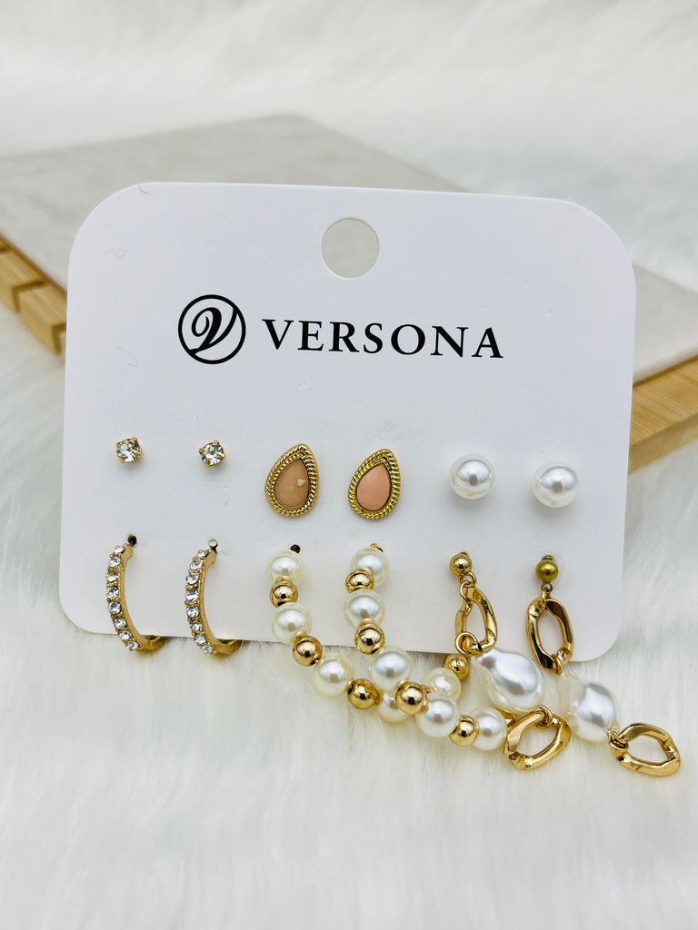 6 Pairs Golden Pearl Studs Earring Set