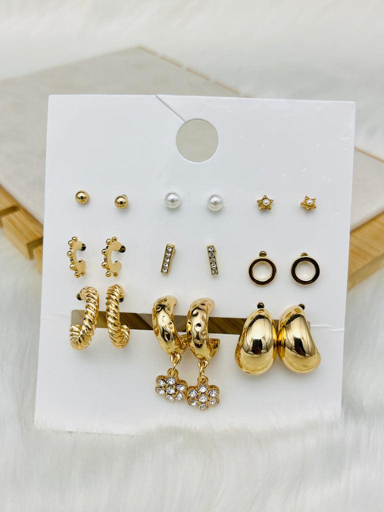 9 Pairs Golden Flower Tassel Studs Earring Set