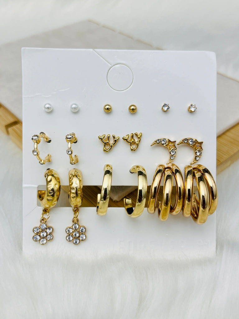 9 Pairs Golden Half Moon Studs Earring Set