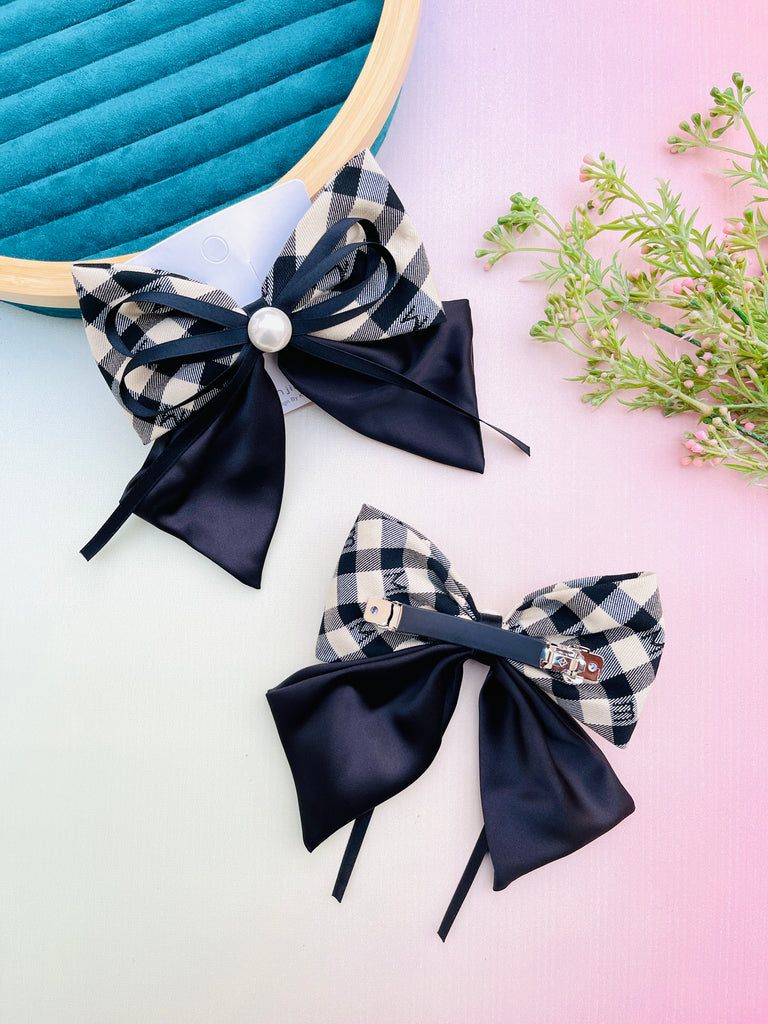 Checkered Fabric Ribbon Bow Hair Clip