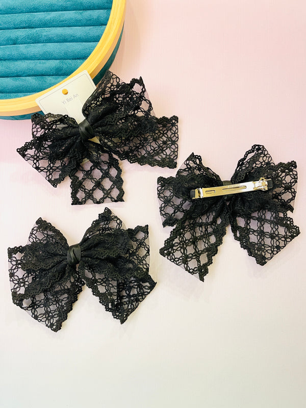 Floral Net Black Hair Bow Clip