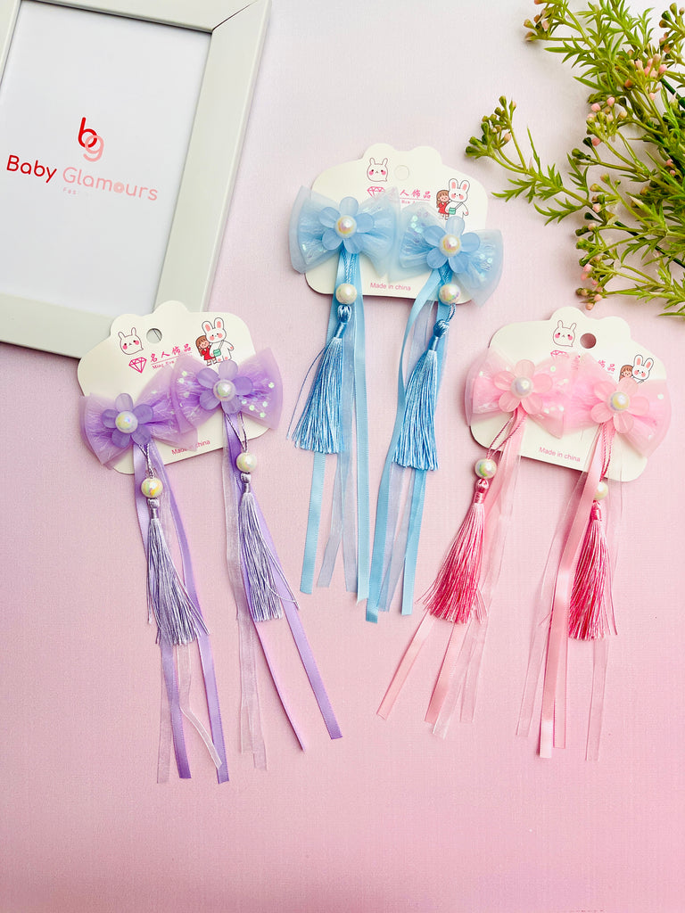 2pcs Sequin Flower Net Bow With Pearl Tassel Hair Clip