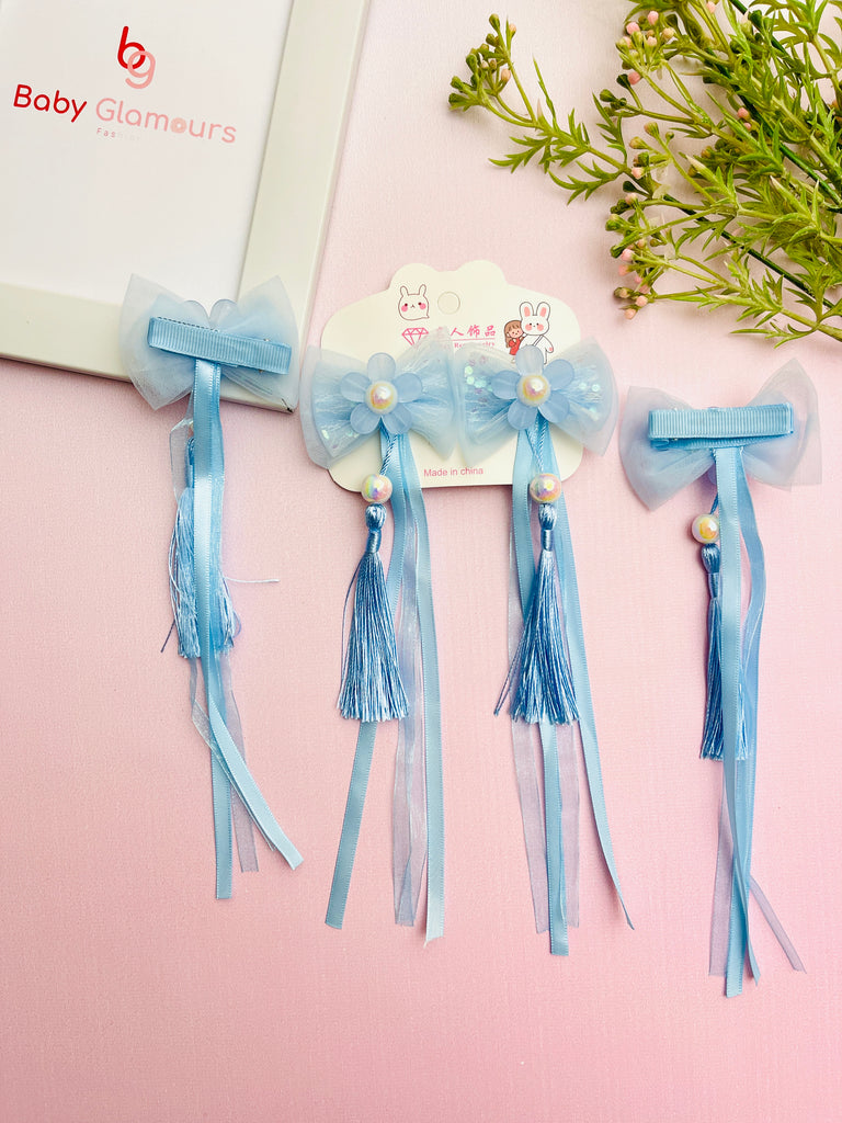 2pcs Sequin Flower Net Bow With Pearl Tassel Hair Clip