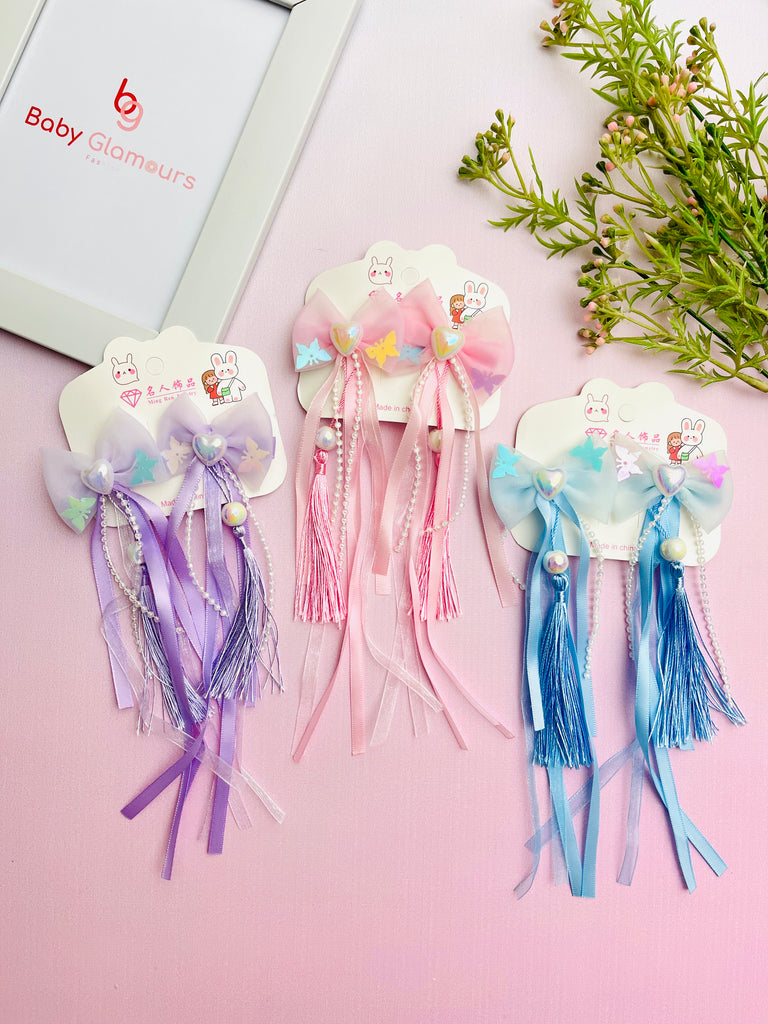 2pcs Sequin Heart Net Bow With Pearl Tassel Hair Clip