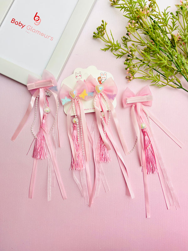 2pcs Sequin Heart Net Bow With Pearl Tassel Hair Clip